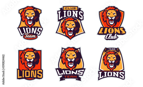 Set of sports logos with lion mascots. Colorful collection sports emblem with lion mascot and bold font on shield background. Logo for esport team, athletic club. Isolated vector illustration