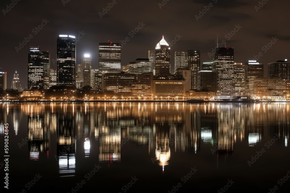 Urban Glowing: A Dramatic Cityscape with Shimmering Reflections on the Water - created with Generative AI