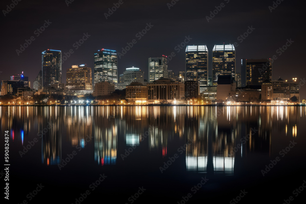 River Reflections: The Breathtaking Beauty of a City Skyline at Night - created with Generative AI River Reflections: The Breathtaking Beauty of a City Skyline at Night - created with Generative AI