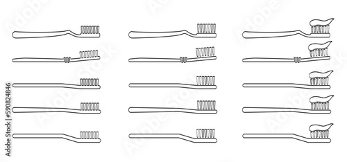 Cartoon drawing toothbrush and paste. For wash your teeth and molar. Vector toothpaste and tube icon. Teeth brush or tooth brush icon. Dental, Oral care, mouth hygiene symbol.  