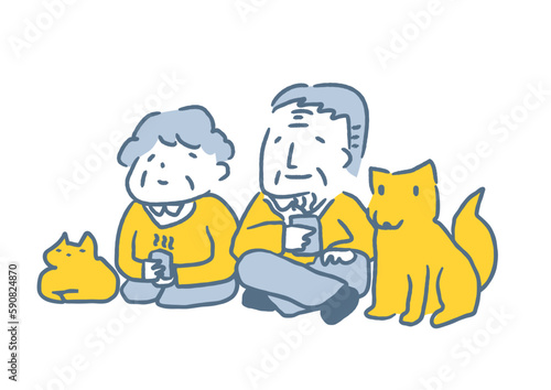 お茶を飲む老夫婦と犬猫　団欒