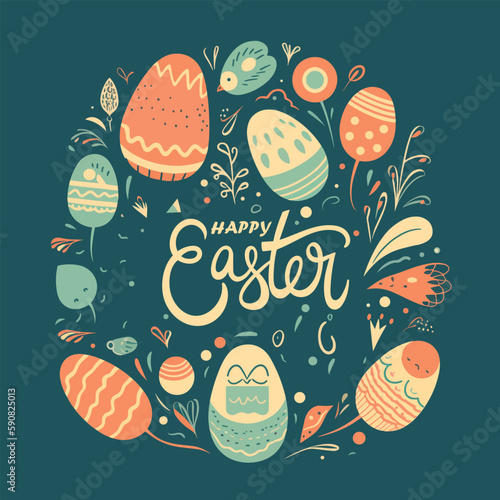 Easter poster and banner template containing Colourful Easter eggs with Typography .colourful Greetings and presents for Easter Day in flat lay styling.Promotion and shopping template for Easter.