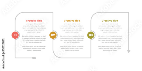 Simple three steps text presentation infographic timeline with number and arrow shape