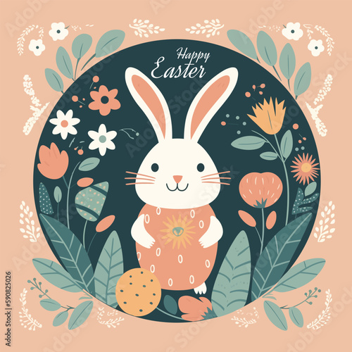 Easter poster and banner template with Easter Bunny surrounded by flowers and greenery .colourful Greetings and presents for Easter Day in flat lay styling.Promotion and shopping template for Easter.