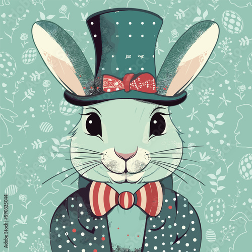 Easter poster and banner template with Easter Bunny Wearing a Hat with Easter Pattern Background .colourful Greetings and presents for Easter Day in flat lay styling.Promotion template for Easter.