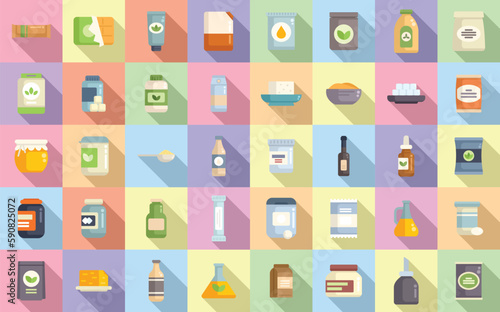 Food substitutes icons set flat vector. Sweetener chemical. Diet food