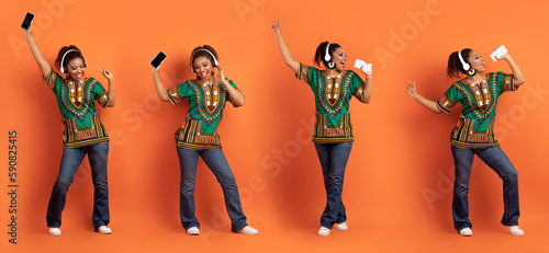 Set of dancing black woman using headphones and smartphone, collage