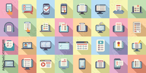 Online exam icons set flat vector. Study class. Exam test