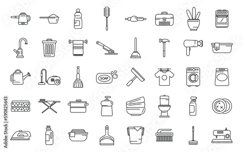 Household occupations icons set outline vector. Clean surface. Dish washing
