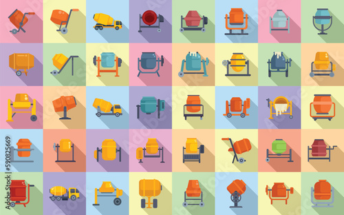 Concrete mixer icons set flat vector. Truck cement. Auto blender