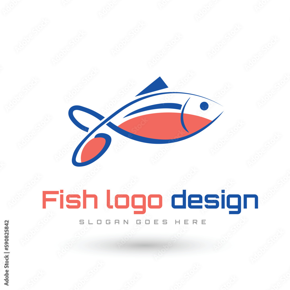 Fish in water Logo design vector template. Seafood restaurant shop store Logotype concept icon. Fish in water Logo design vector template. Seafood restaurant shop store Logotype concept icon.