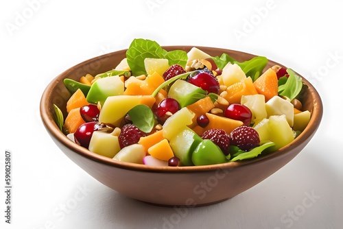 Delicious fruit salad in a bowl, on a white background. Created using generative AI