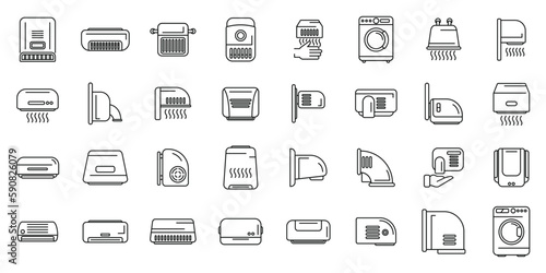 Automatic drying machine icons set outline vector. Air bathroom. Clean blower