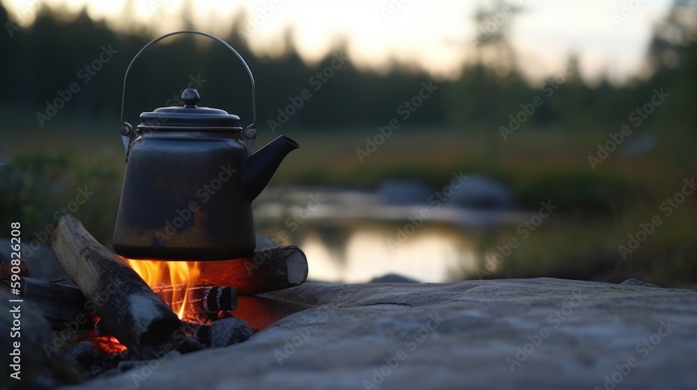 Kettle on a campfire at a lakeside, evening. Generative AI Kettle on a campfire at a lakeside, evening. Generative AI