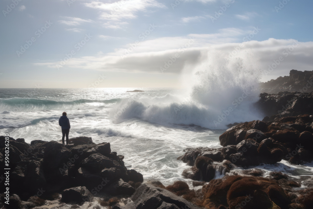 A Man Stands on a Rocky Beach with the Ocean Waves Crashing - created with Generative AI