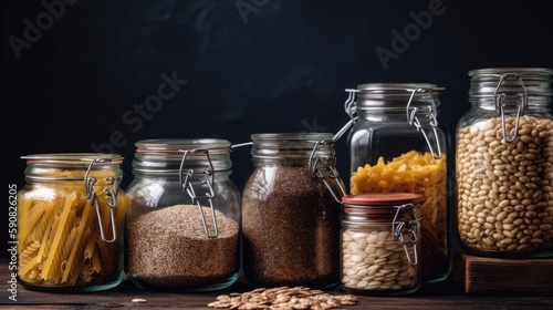 Jars of spices, seeds, and pasta, on black. Generative AI