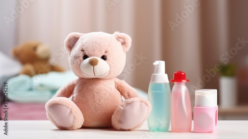Teddy bear, bottles, sitting on a table, Generative AI