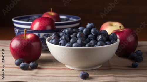 Blueberries in a white porcelain bowl  red apples in a bowl  on black background  Generative AI