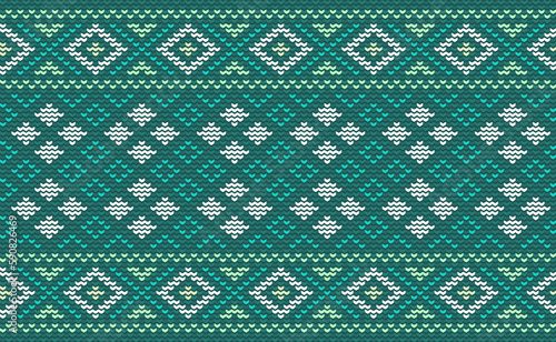 Knitted ethnic pattern, Vector cross stitch Boho background, Embroidery diagonal oriental style, Green pattern template decorative, Design for textile, fabric, curtain, rug, aprons