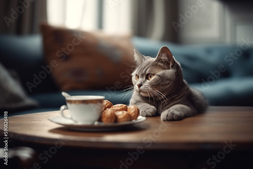 Cute cat sitting with a coffee cup and croissant bakery on sofa. Cat wants to drink a cup of coffee.