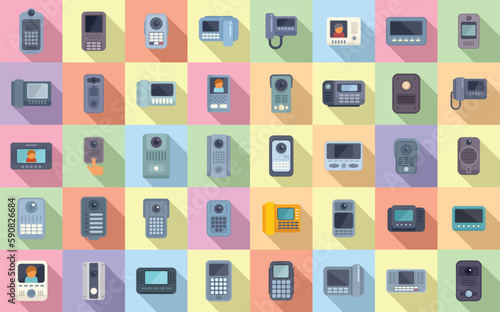 Video intercom icons set flat vector. Door phone. Bell alarm