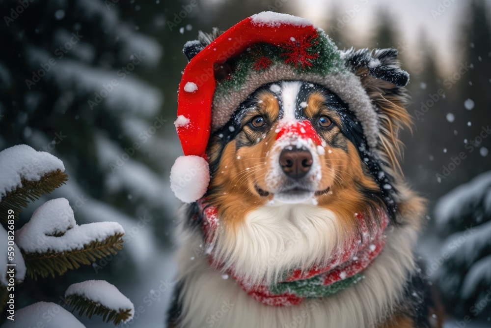 festive dog in winter attire playing in the snow. Generative AI