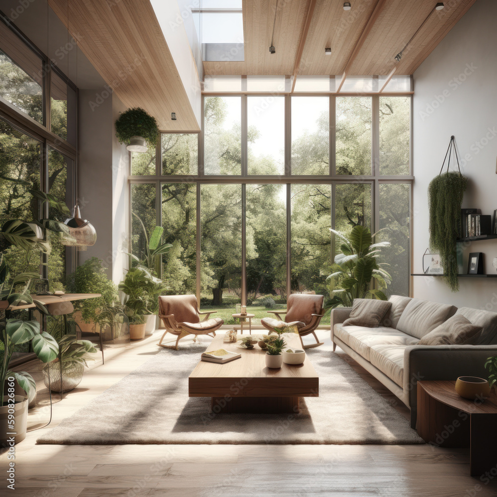 Fototapeta premium A Modern Room with Green Plants and Natural Light - created with Generative AI
