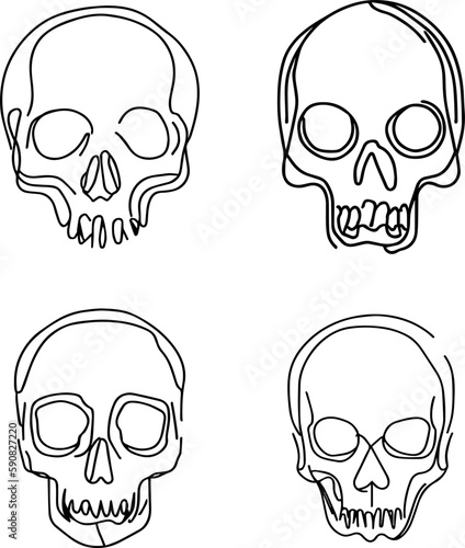 skull one line drawing. Abstract human skull isolated image hand drawn outline white background. Continuous line art minimalism style vector illustration.