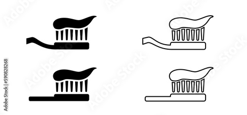 Cartoon drawing toothbrush and paste. For wash your teeth and molar. Vector toothpaste and tube icon. Teeth brush or tooth brush icon. Dental, Oral care, mouth hygiene symbol. 
