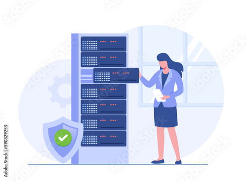 Data server concept. Storage technology, cloud system, database. Template of people scene. Vector illustration with character activities in flat design for website, folder, data center.