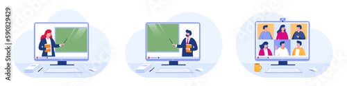 E-learning banner. Online education, home schooling. Modern workplace, teacher on laptop screen, people watching online course. Web courses or tutorials concept. Education concept. Vector illustration