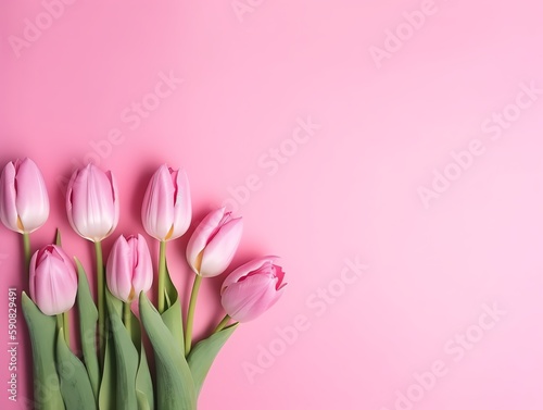 Bouquet of pink tulips on a pink background with copy space. © Medard