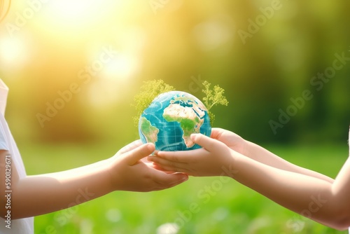 Hand holding glass globe ball with tree growing and green nature blur background. eco concept. Generative Ai