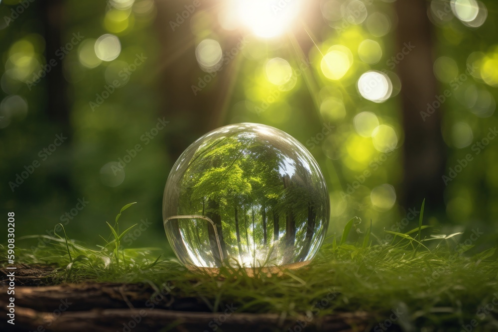 Hand holding glass globe ball with tree growing and green nature blur background. eco concept. Generative Ai Hand holding glass globe ball with tree growing and green nature blur background. eco concept. Generative Ai