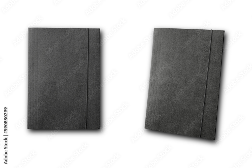 A4 black folder with rubber band to keep documents.top and side view. 3d rendering.Mockup isolated on white background. A4 black folder with rubber band to keep documents.top and side view. 3d rendering.Mockup isolated on white background.