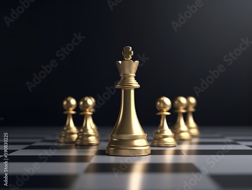 Golden chess king and pawns on a chessboard, 3d render.