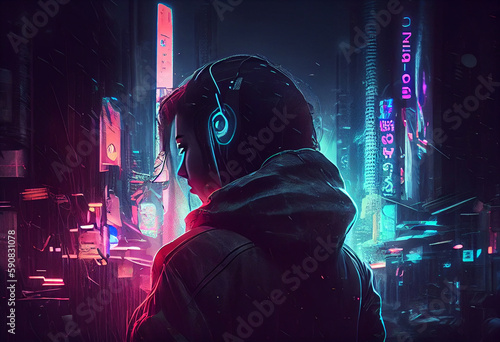 Avatar female with neon headphones listen to music. Futuristic and cyberpunk style concept.