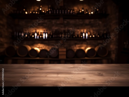 Empty wooden table and blurred background of wine cellar. For product display.