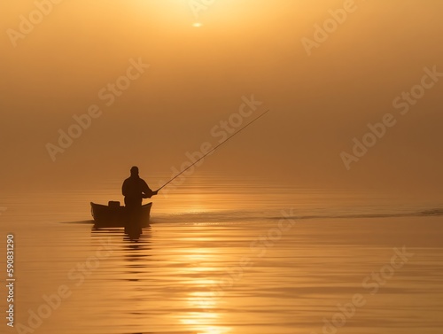 Fisherman fishing on a boat at sunrise in the morning.