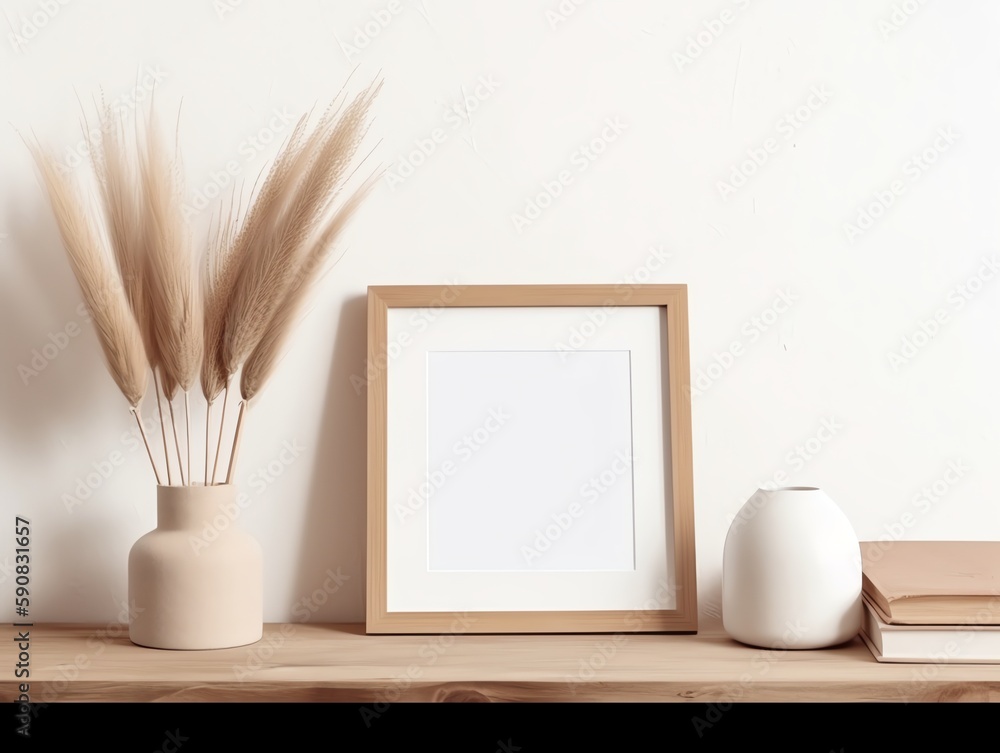 Wooden frame mockup with pampas grass in vase on shelf over white wall.