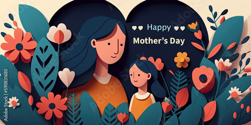 Happy Mother's day illustration of mother and kid with flower background, International Mother's Day banner or poster