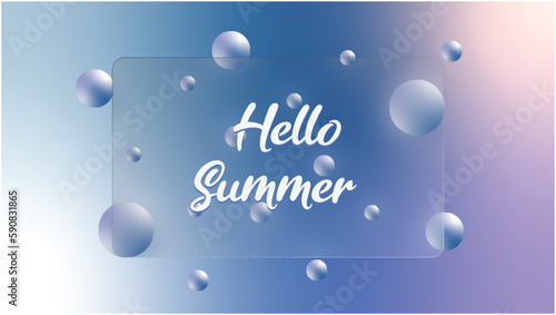 Glassmorphism style pink and blue background with the word hello summer