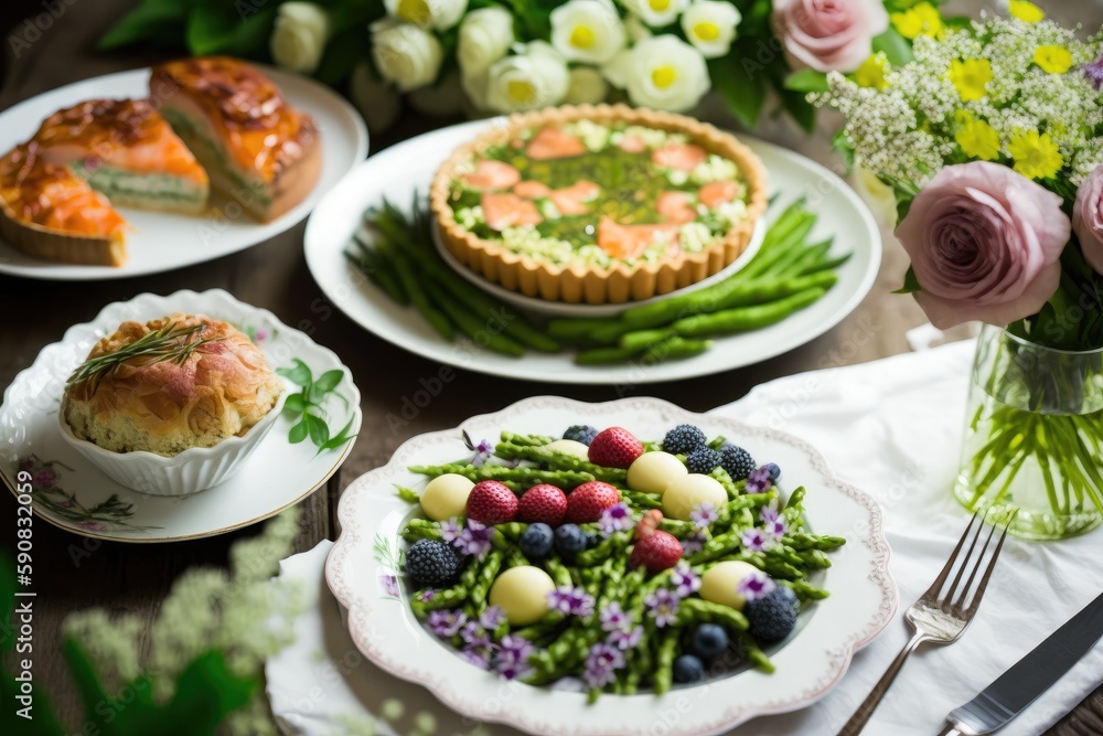 table setting with a variety of dishes and floral arrangements. Generative AI table setting with a variety of dishes and floral arrangements. Generative AI