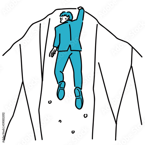 全身　崖から落ちそうなスーツを着た若い男性
