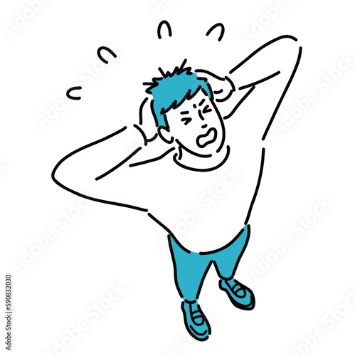 焦っている若い男性を斜め上から見たイラスト
