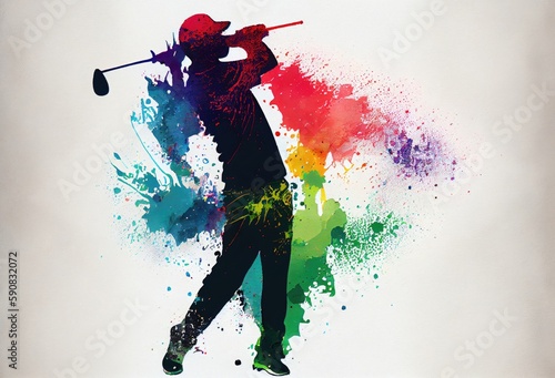Pro Golfer Swinging Golf Club Rainbow Color Background With White Blank Background Generative AI photo