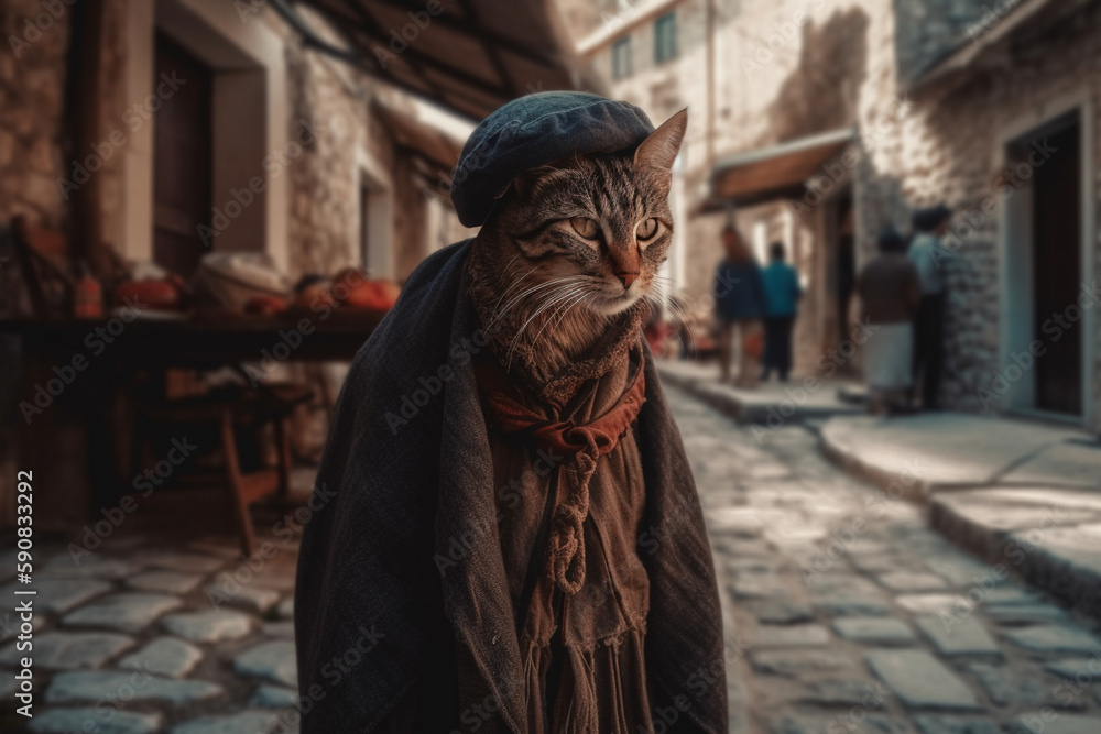 Cute cat wearing ancient clothes and walk in old town Kotor