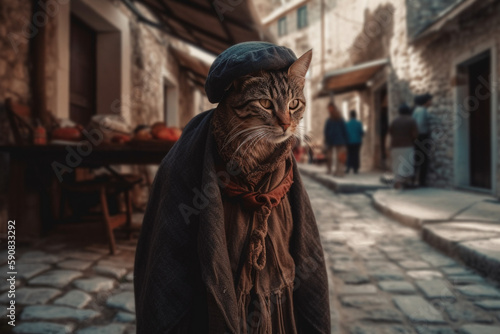 Cute cat wearing ancient clothes and walk in old town Kotor