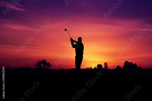 Male Pro Golfer Playing Golf On Fairway At Sunset Generative AI