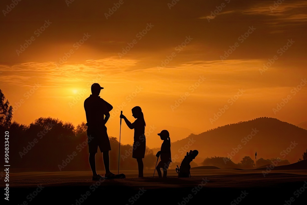 Family Of Pro Golfers Playing Golf On Fairway At Sunset Generative AI